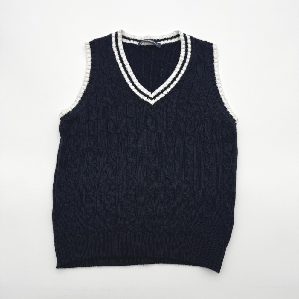 Brandy Melville Navy Blue Cable Knit Sweater Vest V-Neck White Trim Preppy OS